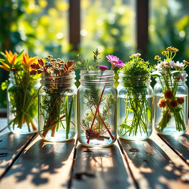 A mesmerizing close-up shot of colorful plant cuttings arranged artistically in various jars filled with water