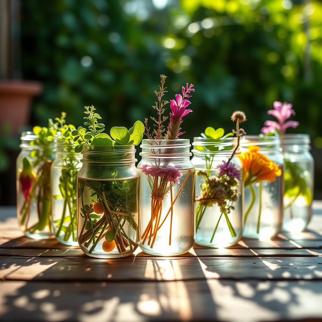 A mesmerizing close-up shot of colorful plant cuttings arranged artistically in various jars filled with water