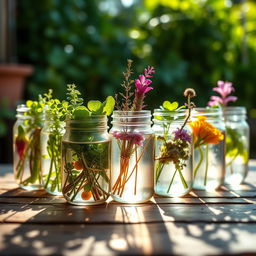 A mesmerizing close-up shot of colorful plant cuttings arranged artistically in various jars filled with water