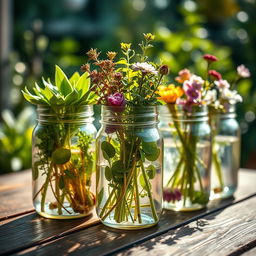 A mesmerizing close-up shot of colorful plant cuttings arranged artistically in various jars filled with water