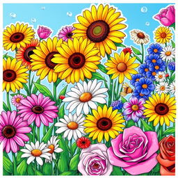 A vibrant and colorful scene filled with various flowers including sunflowers, daisies, and roses