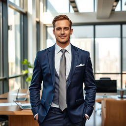 A professional businessman standing confidently in a modern office environment