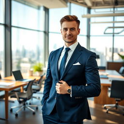 A professional businessman standing confidently in a modern office environment
