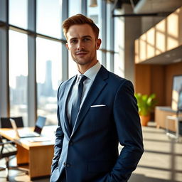 A professional businessman standing confidently in a modern office environment
