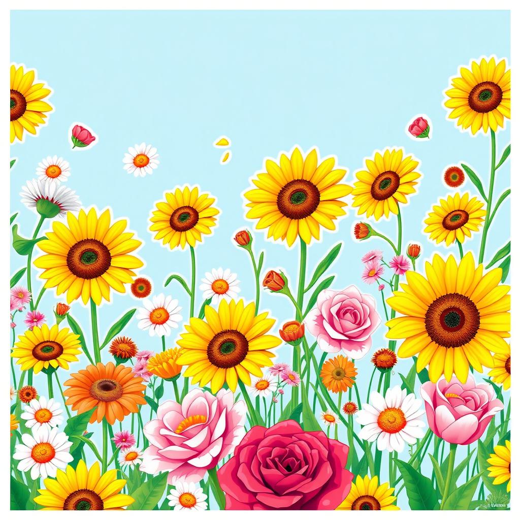 A vibrant and colorful scene filled with various flowers including sunflowers, daisies, and roses