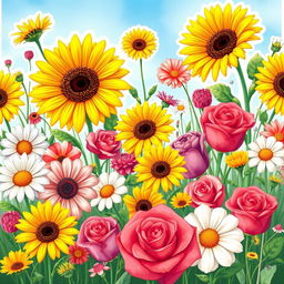 A vibrant and colorful scene filled with various flowers including sunflowers, daisies, and roses