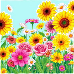 A vibrant and colorful scene filled with various flowers including sunflowers, daisies, and roses