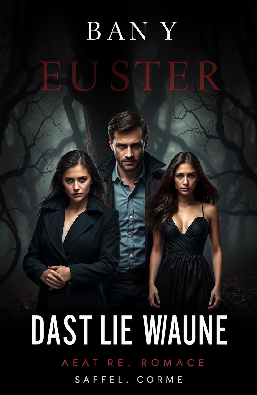 A dark and atmospheric book cover design for a mystery thriller that beautifully blends suspense and dark romance