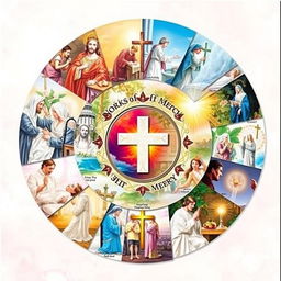 A vibrant and creative collage depicting the connection between the Works of Mercy and the Sacraments