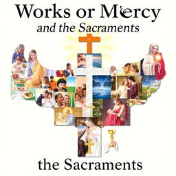A vibrant and creative collage depicting the connection between the Works of Mercy and the Sacraments