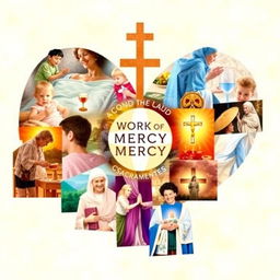 A vibrant and creative collage depicting the connection between the Works of Mercy and the Sacraments