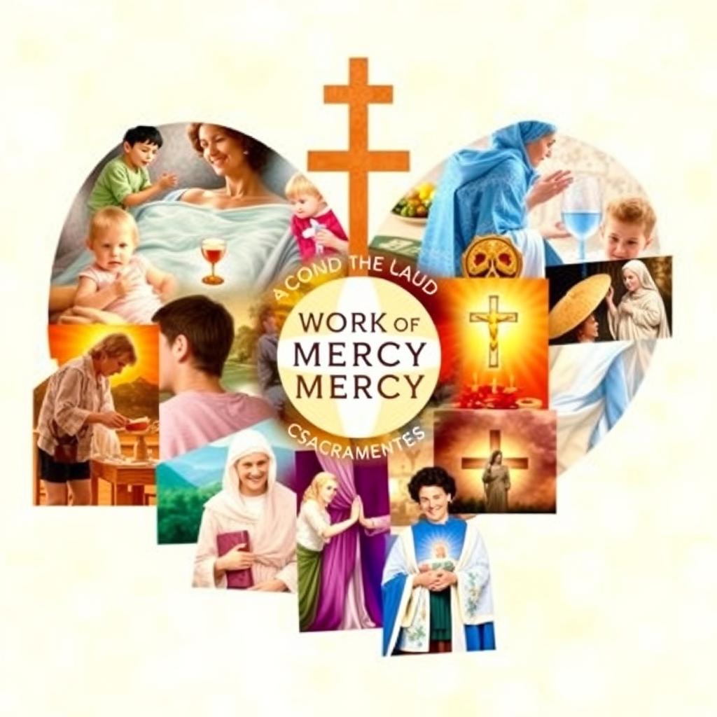 A vibrant and creative collage depicting the connection between the Works of Mercy and the Sacraments