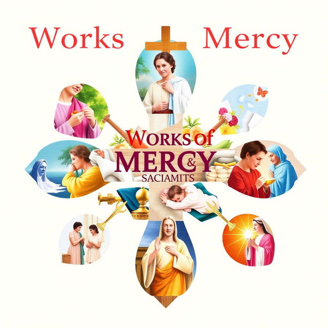 A vibrant and creative collage depicting the connection between the Works of Mercy and the Sacraments