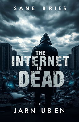 A visually striking book cover for 'The Internet is Dead', featuring a dark, dystopian landscape with broken computer screens and shattered digital devices scattered across a desolate urban environment