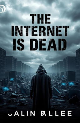 A visually striking book cover for 'The Internet is Dead', featuring a dark, dystopian landscape with broken computer screens and shattered digital devices scattered across a desolate urban environment