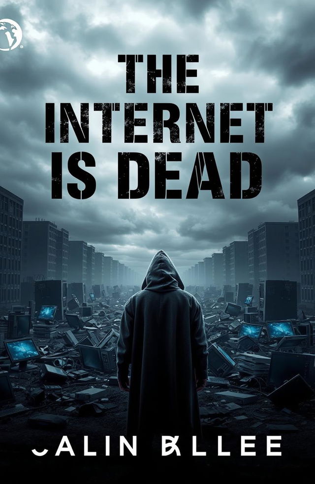 A visually striking book cover for 'The Internet is Dead', featuring a dark, dystopian landscape with broken computer screens and shattered digital devices scattered across a desolate urban environment