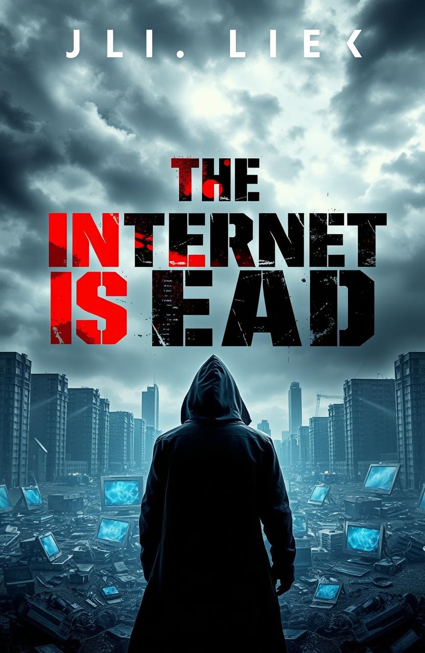 A visually striking book cover for 'The Internet is Dead', featuring a dark, dystopian landscape with broken computer screens and shattered digital devices scattered across a desolate urban environment