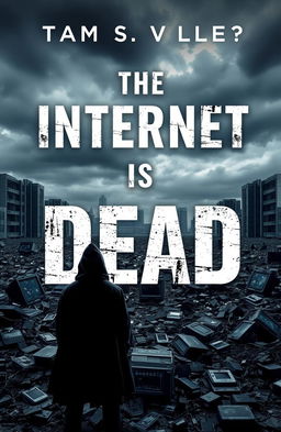 A visually striking book cover for 'The Internet is Dead', featuring a dark, dystopian landscape with broken computer screens and shattered digital devices scattered across a desolate urban environment