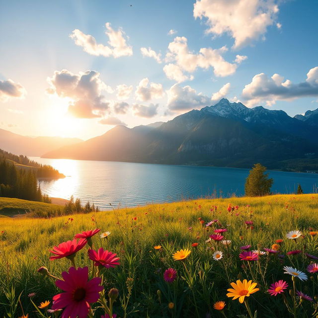 A stunning high-resolution photograph of a serene natural landscape, featuring a lush green meadow with vibrant wildflowers, a sparkling blue lake reflecting fluffy white clouds, and majestic mountains in the background