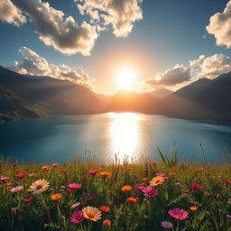 A stunning high-resolution photograph of a serene natural landscape, featuring a lush green meadow with vibrant wildflowers, a sparkling blue lake reflecting fluffy white clouds, and majestic mountains in the background