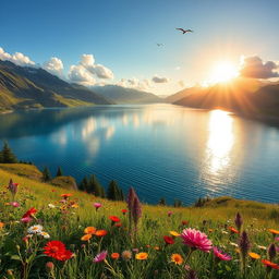A stunning high-resolution photograph of a serene natural landscape, featuring a lush green meadow with vibrant wildflowers, a sparkling blue lake reflecting fluffy white clouds, and majestic mountains in the background
