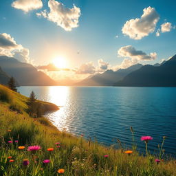 A stunning high-resolution photograph of a serene natural landscape, featuring a lush green meadow with vibrant wildflowers, a sparkling blue lake reflecting fluffy white clouds, and majestic mountains in the background