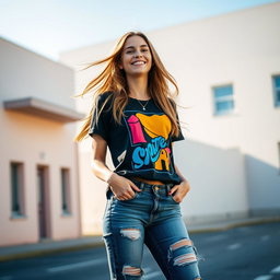 A stylish young woman with long, flowing hair, wearing a trendy graphic t-shirt with vibrant colors and a modern design, paired with ripped jeans
