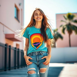 A stylish young woman with long, flowing hair, wearing a trendy graphic t-shirt with vibrant colors and a modern design, paired with ripped jeans