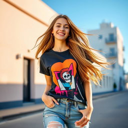 A stylish young woman with long, flowing hair, wearing a trendy graphic t-shirt with vibrant colors and a modern design, paired with ripped jeans