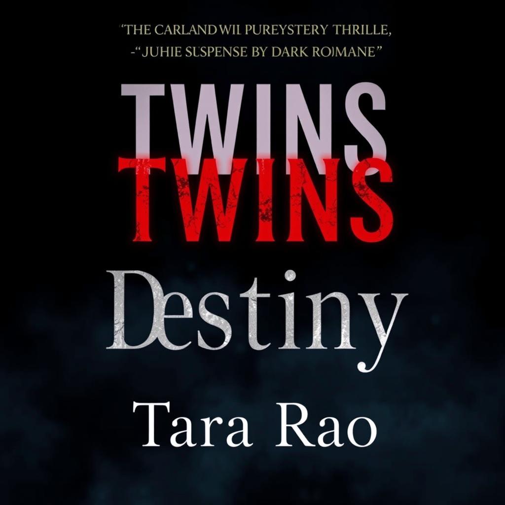 A book cover design for 'Twins Destiny' by Tara Rao, emphasizing pure mystery thriller, suspense, and dark romance
