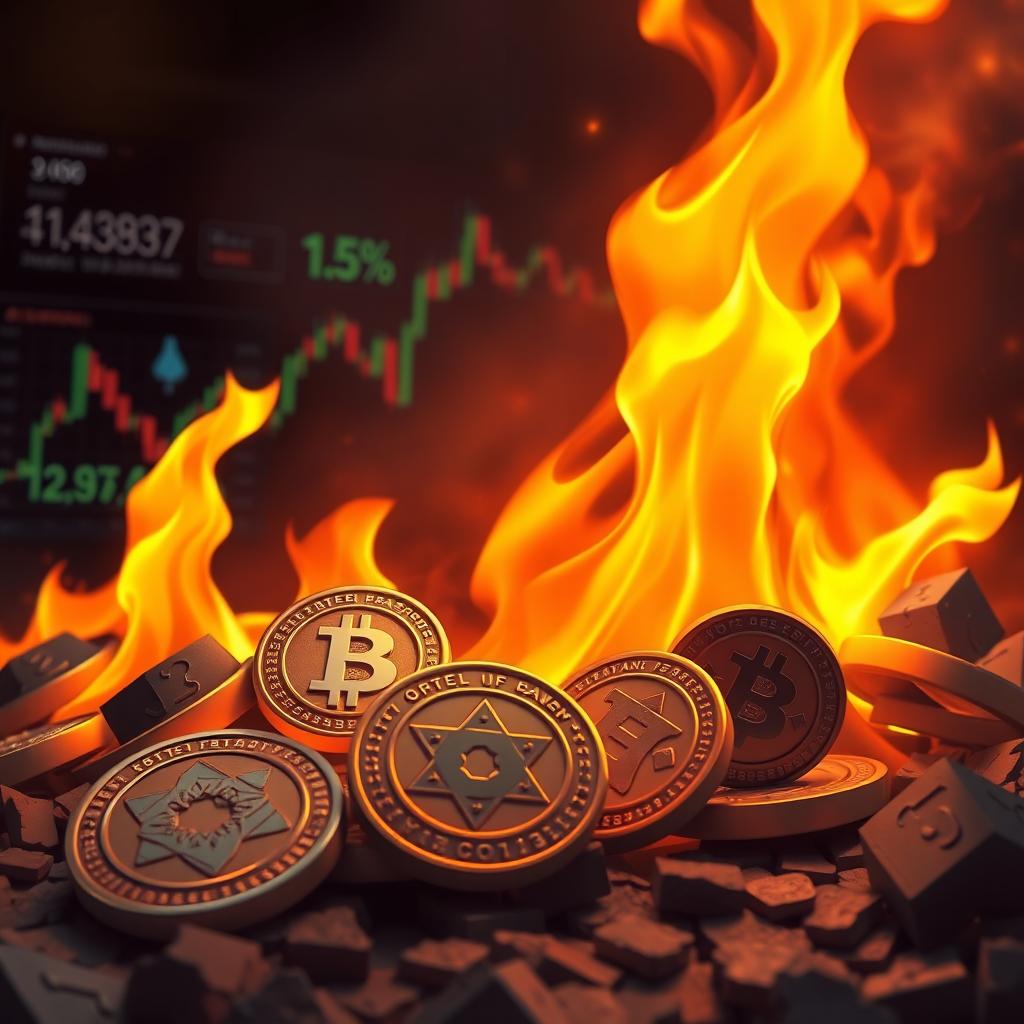 A conceptual illustration of a cryptocurrency token burn event featuring a dramatic fiery background with tokens being symbolically incinerated
