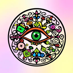 A circular logo featuring an eye at its center, encircled by an intricate spiral design inspired by 1960s hippie art