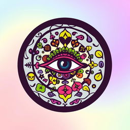 A circular logo featuring an eye at its center, encircled by an intricate spiral design inspired by 1960s hippie art