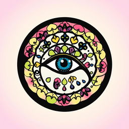 A circular logo featuring an eye at its center, encircled by an intricate spiral design inspired by 1960s hippie art