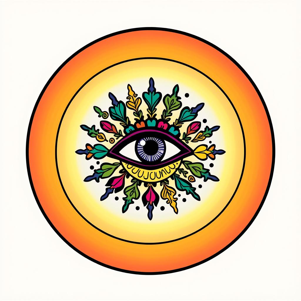 A circular logo featuring an eye at its center, encircled by an intricate spiral design inspired by 1960s hippie art