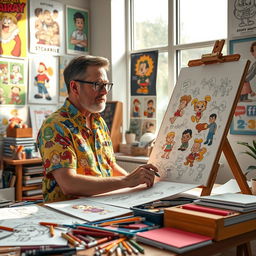 A realistic cartoon character designer at work, showcasing an easel with vibrant illustrations of cartoon characters