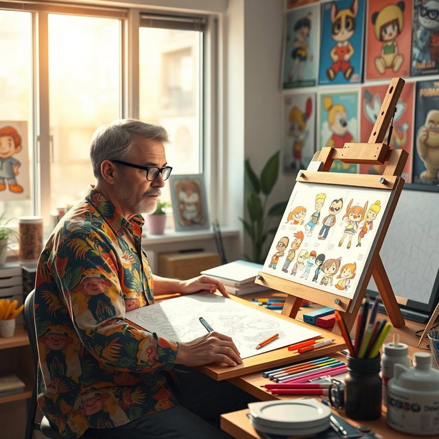 A realistic cartoon character designer at work, showcasing an easel with vibrant illustrations of cartoon characters