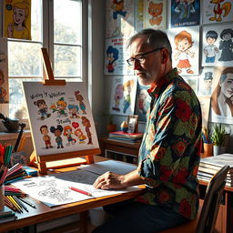 A realistic cartoon character designer at work, showcasing an easel with vibrant illustrations of cartoon characters