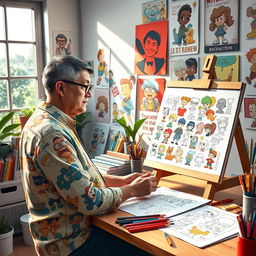 A realistic cartoon character designer at work, showcasing an easel with vibrant illustrations of cartoon characters