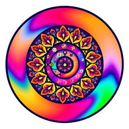 A vibrant and colorful circle logo featuring a spiral hippie design