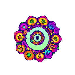A vibrant and colorful circle logo featuring a spiral hippie design