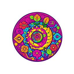 A vibrant and colorful circle logo featuring a spiral hippie design