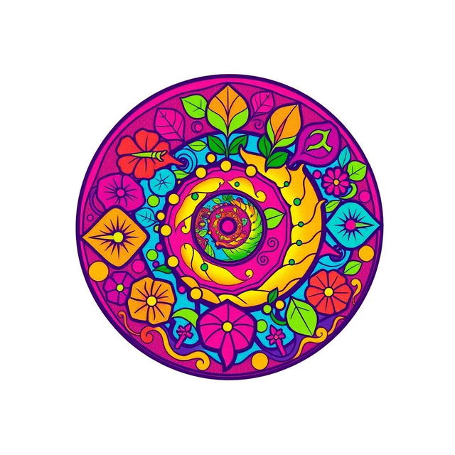 A vibrant and colorful circle logo featuring a spiral hippie design