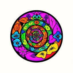 A vibrant and colorful circle logo featuring a spiral hippie design