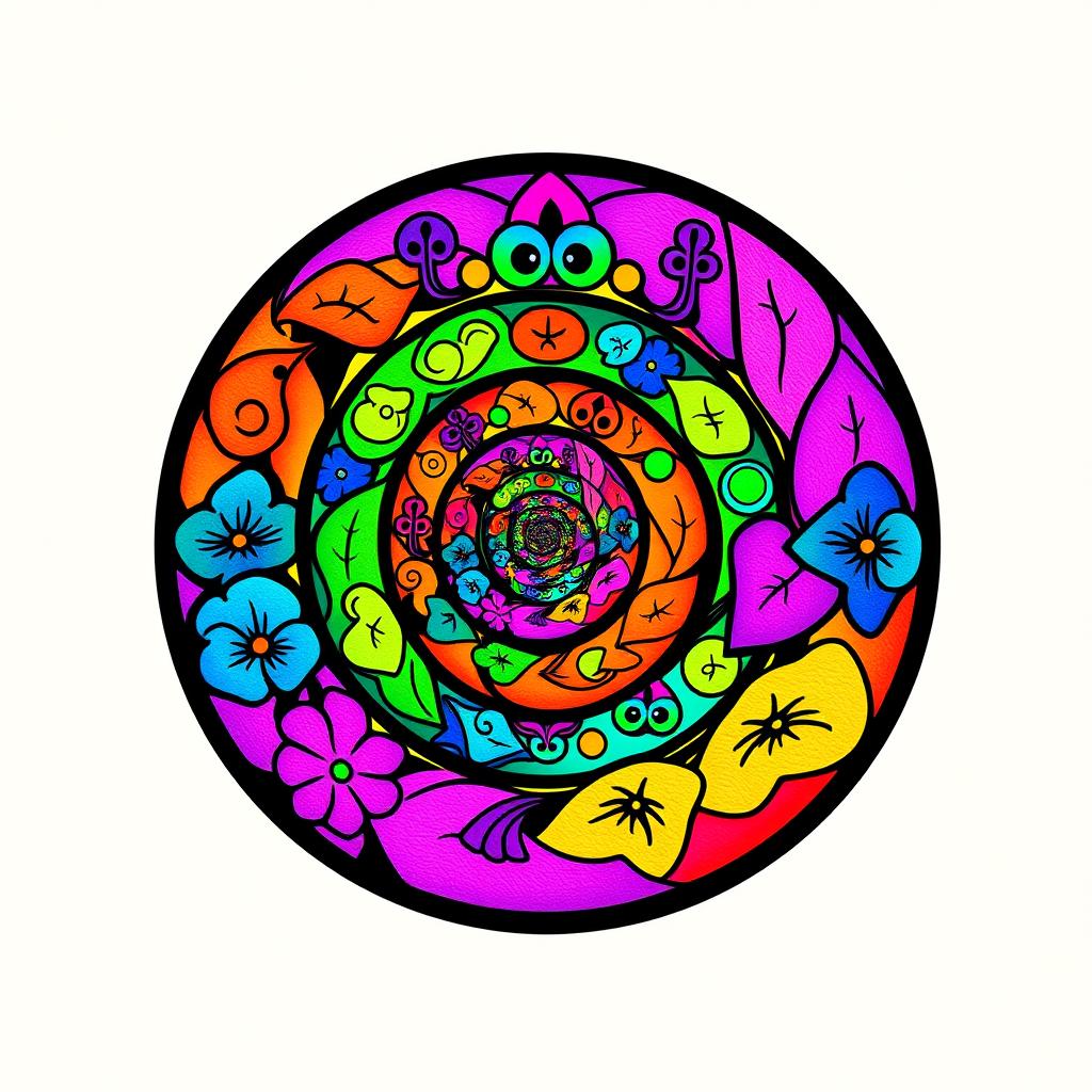 A vibrant and colorful circle logo featuring a spiral hippie design