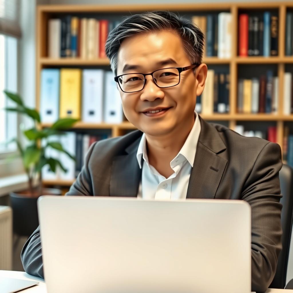 A mid-aged Asian man in a smart casual outfit, seated at a desk with a laptop open in front of him, exuding an air of confidence and professionalism