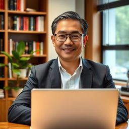 A mid-aged Asian man in a smart casual outfit, seated at a desk with a laptop open in front of him, exuding an air of confidence and professionalism