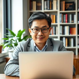A mid-aged Asian man in a smart casual outfit, seated at a desk with a laptop open in front of him, exuding an air of confidence and professionalism