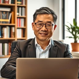 A mid-aged Asian man in a smart casual outfit, seated at a desk with a laptop open in front of him, exuding an air of confidence and professionalism