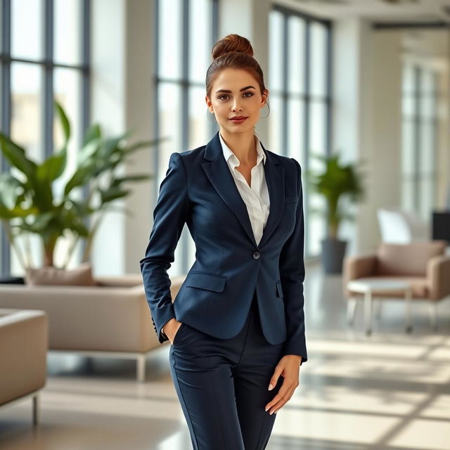 A confident woman dressed in formal business attire, standing in a modern office environment